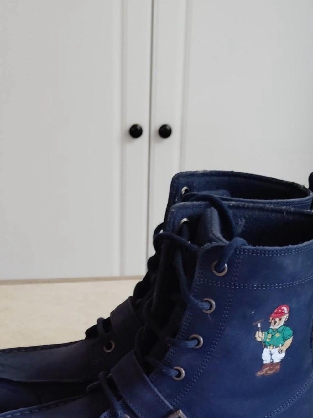 Kids Navy Blue Lace-Up Ankle Boots with Embroidered Character